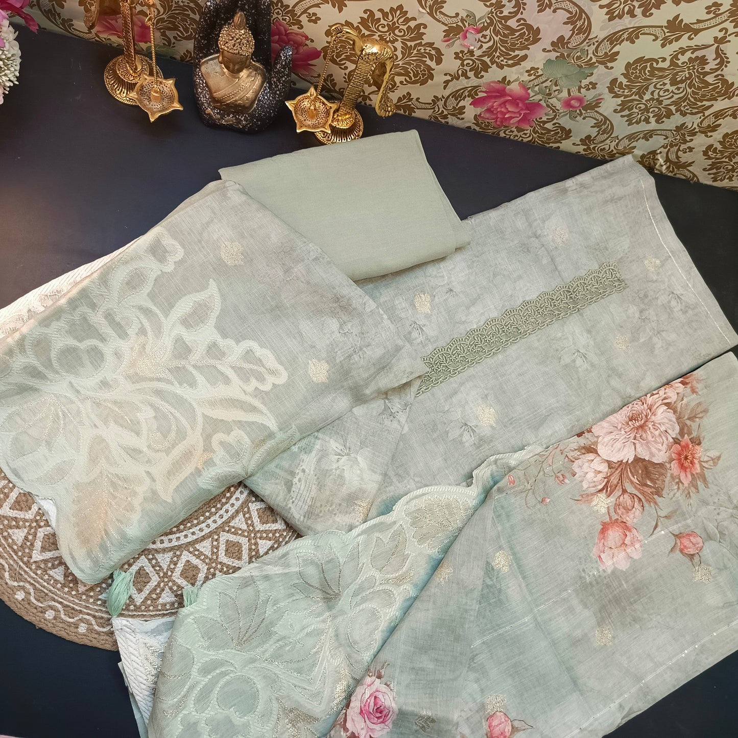 Mint Green Linen Jamdhani Cutwork vegan Unstitched Suit PA25066