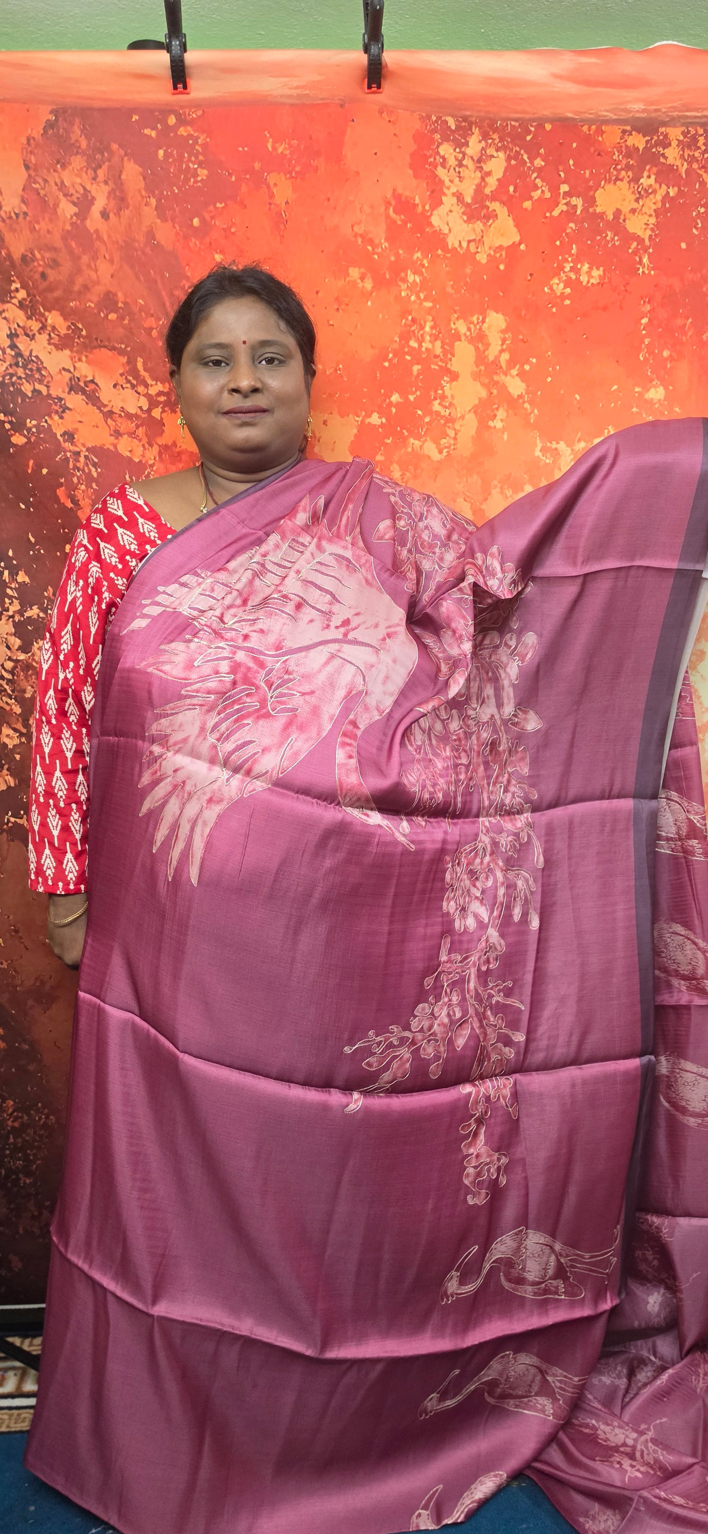 Wine Crane whisper Vegan tussar satin Digital with pita work saree SA25623