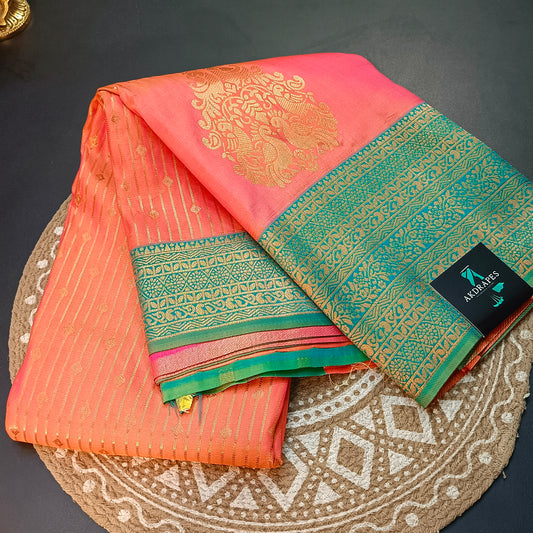 Peach Green Maragatha Muhurtham Vegan Kanchi Silk Saree MA25112