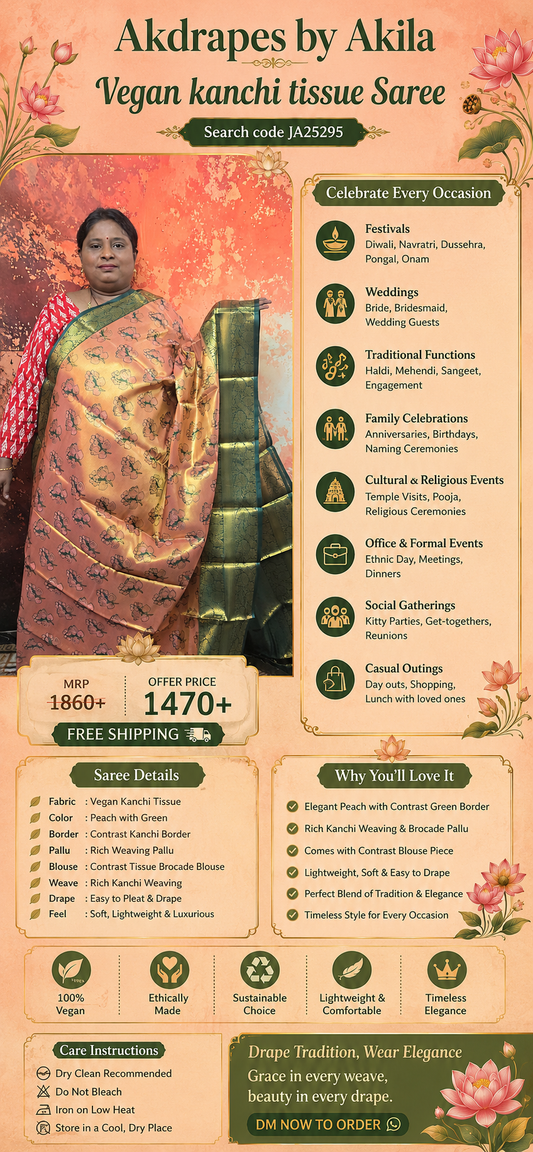 Peach with Green Mangala Pushpam Vegan Kanchi tissue saree JA25295