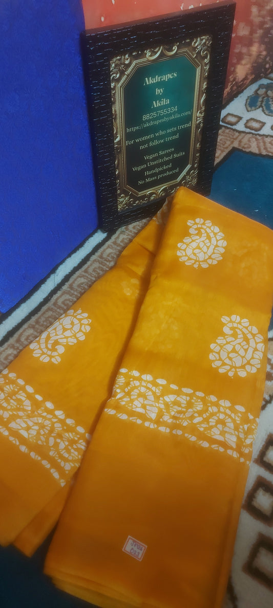 Yellow Mango Batik linen zari border saree JA26023