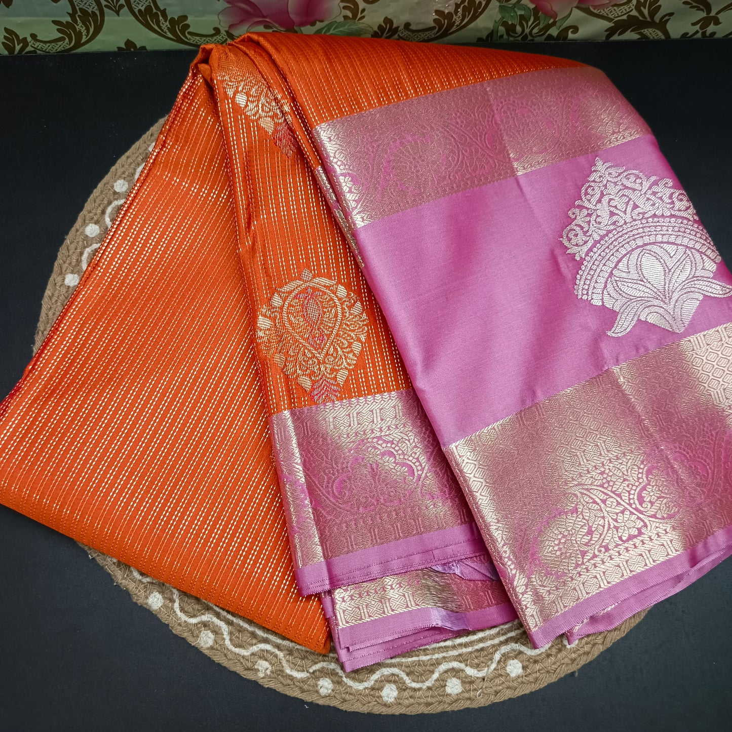 Orange with pastel pink Parijatham Vegan premium kanchi brocade silk saree LA25925