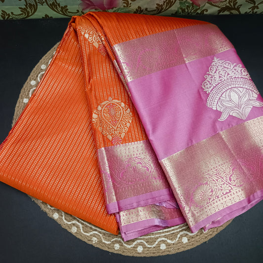 Orange with pastel pink Parijatham Vegan premium kanchi brocade silk saree LA25925