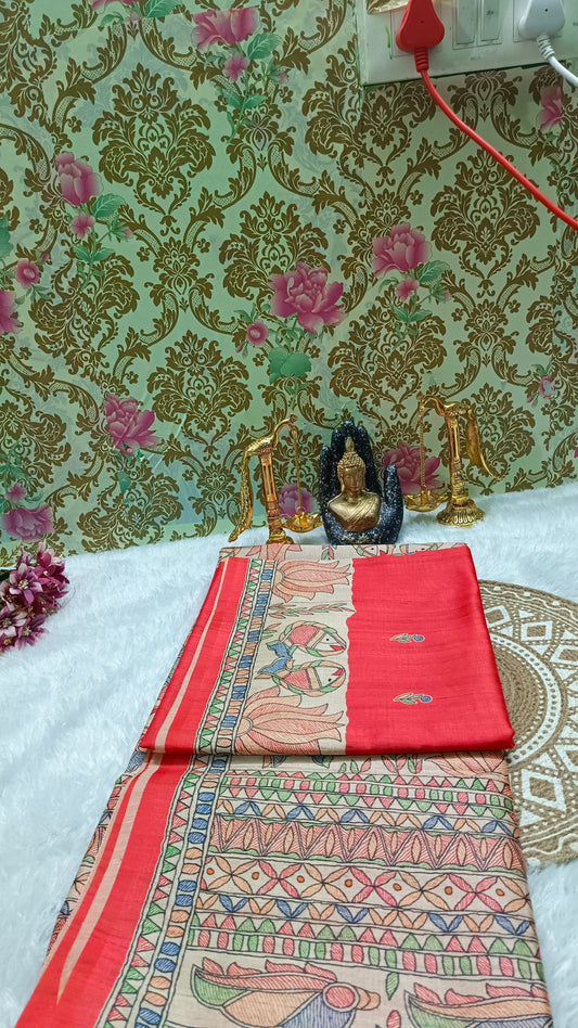 Red Madhubani Vegan Tussar Saree SA25701