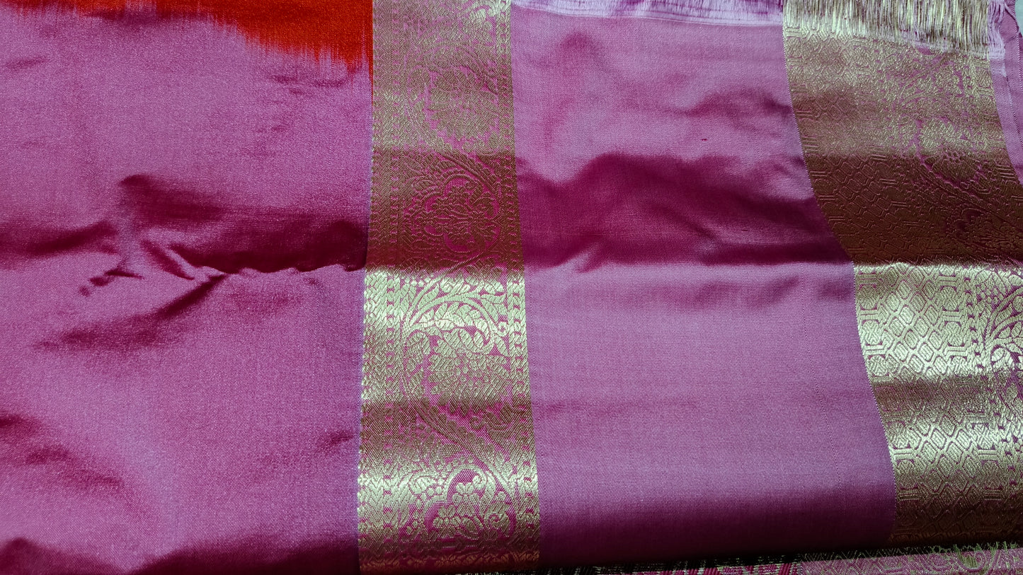 Orange with pastel pink Parijatham Vegan premium kanchi brocade silk saree LA25925