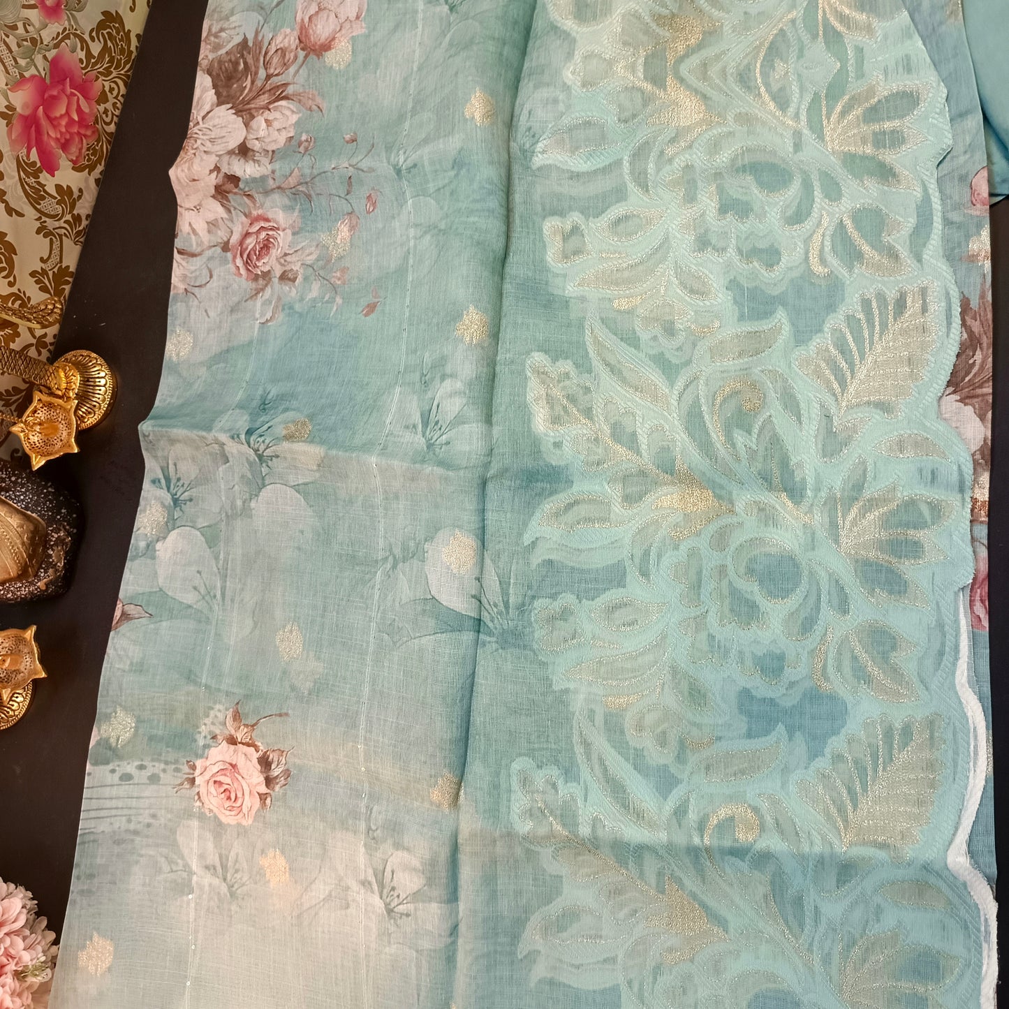 Ice blue Linen Jamdhani Cutwork vegan Unstitched Suit PA25069