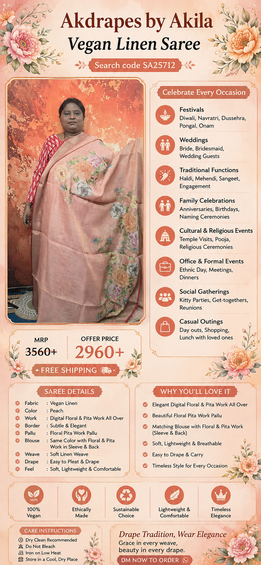 Peach Vegan linen Mystic floral saree SA25712
