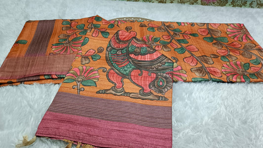 Rust orange khushboo digital printed kalamkari vegan tussar saree SA25693