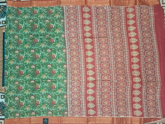 Green Kalamkari veg dyed Vegan Magalgiri silk cotton Saree HA25475