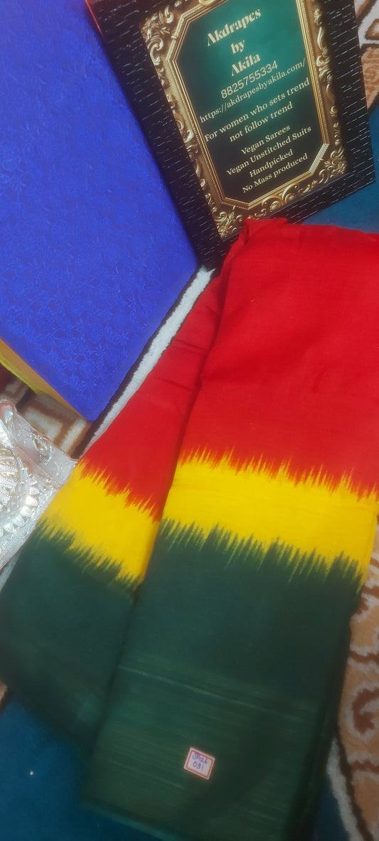 Red Tricolor vegan linen zari border saree JA26031