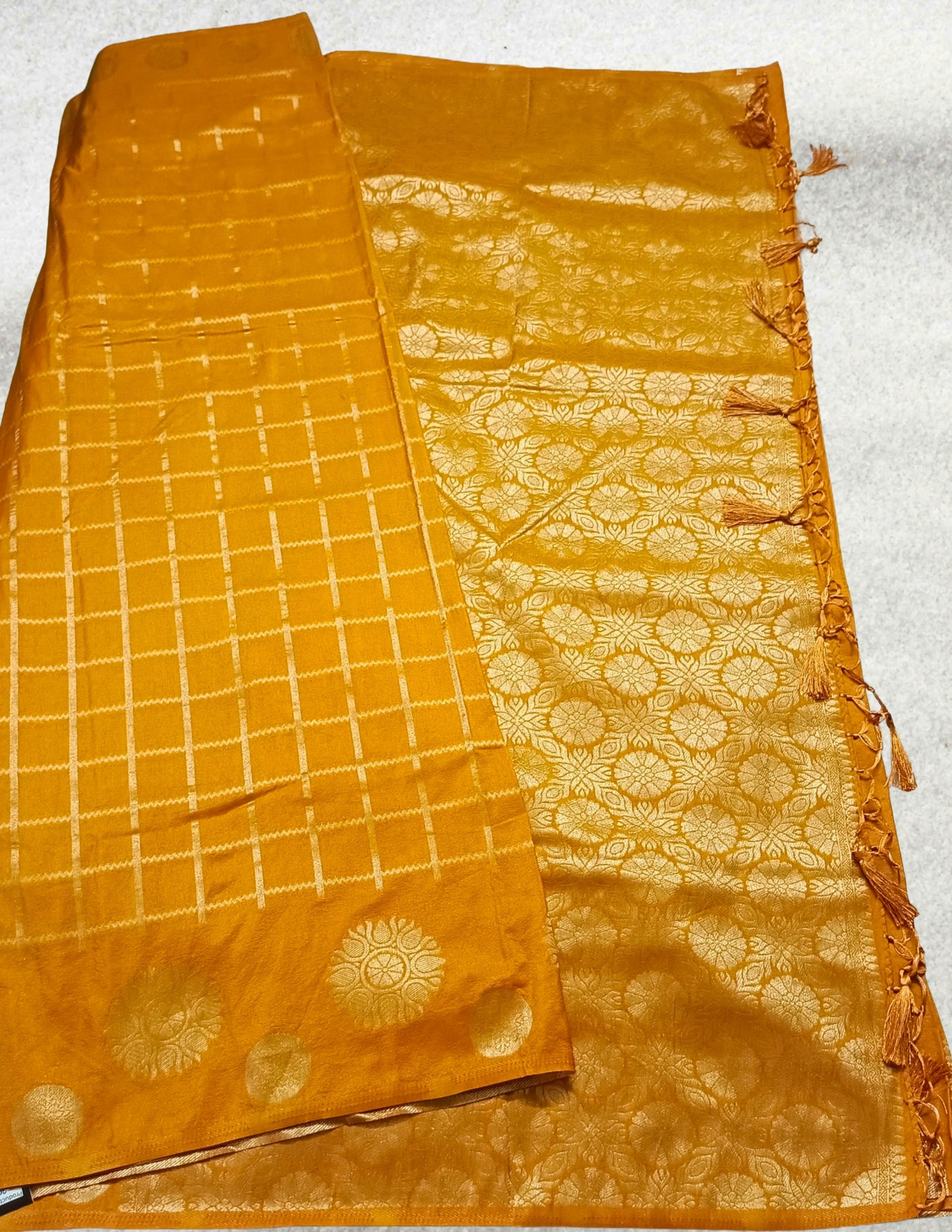 Mustard Yellow Sudar Chakkram vegan kaddi georgette saree MA25095