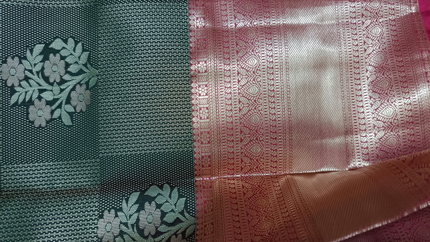 Green with maroon Parijatham Vegan premium kanchi brocade silk saree LA25927