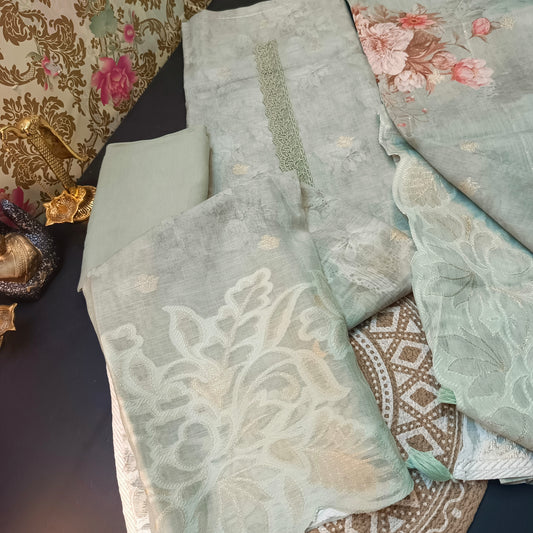 Mint Green Linen Jamdhani Cutwork vegan Unstitched Suit PA25066