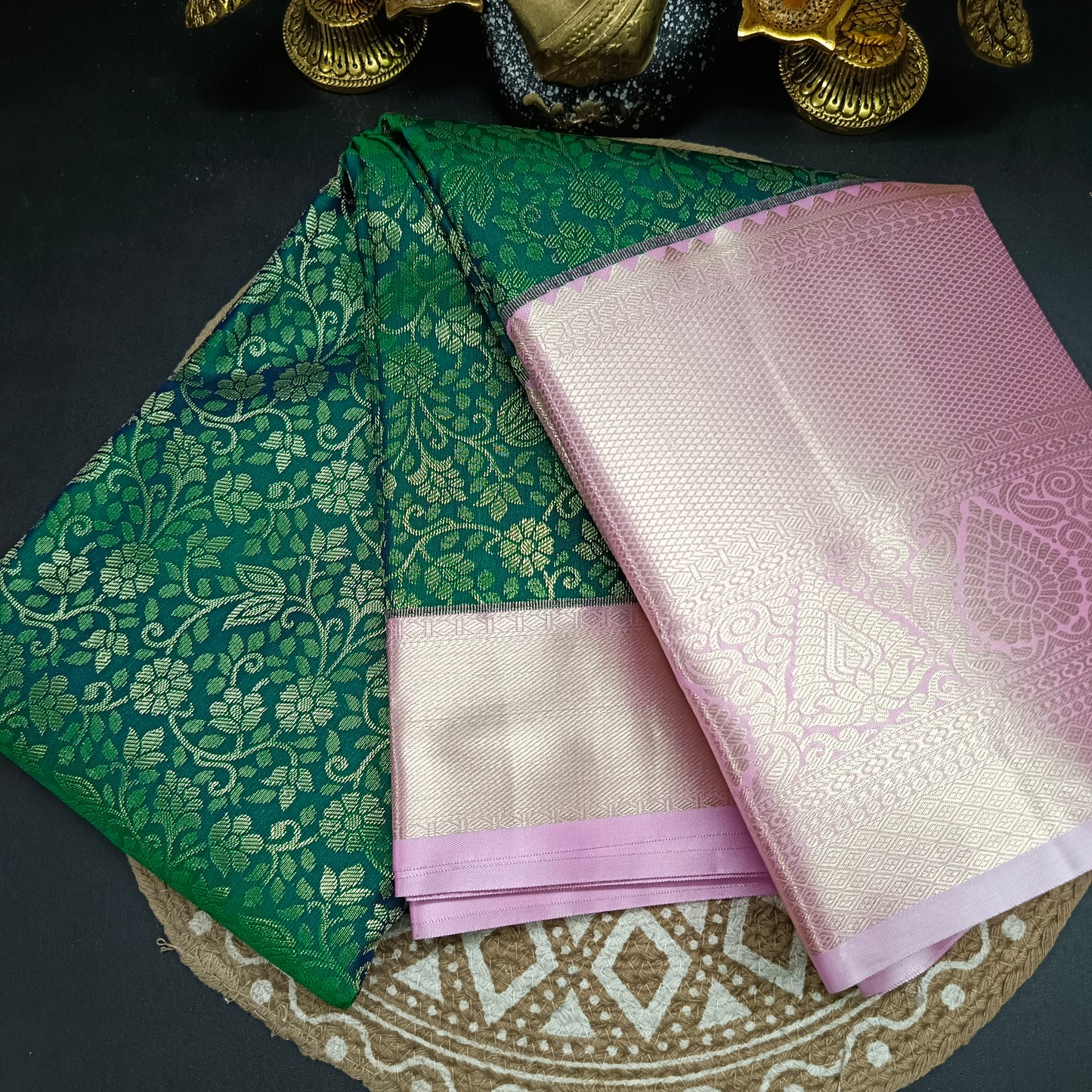 Green with Pastel Pink Aishwariyam Vegan Kanchi Brocade silk saree LA25947