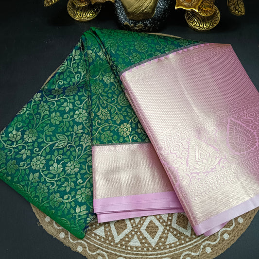 Green with Pastel Pink Aishwariyam Vegan Kanchi Brocade silk saree LA25947