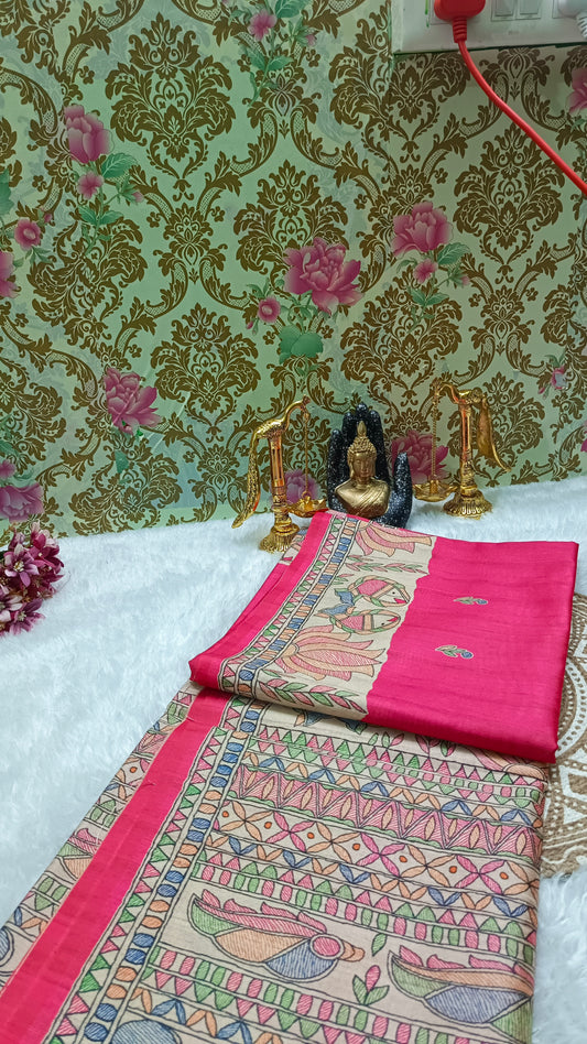 Pink Madhubani Vegan Tussar saree SA25702