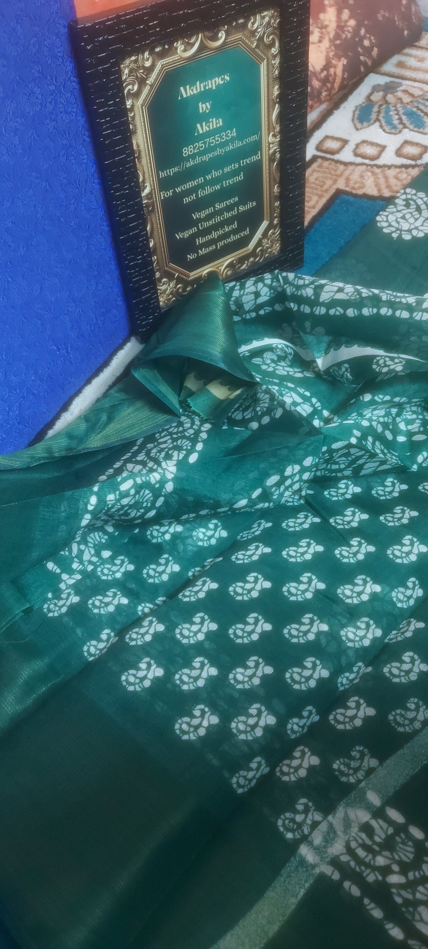 Bottle Green Mango Batik linen zari border saree JA26030