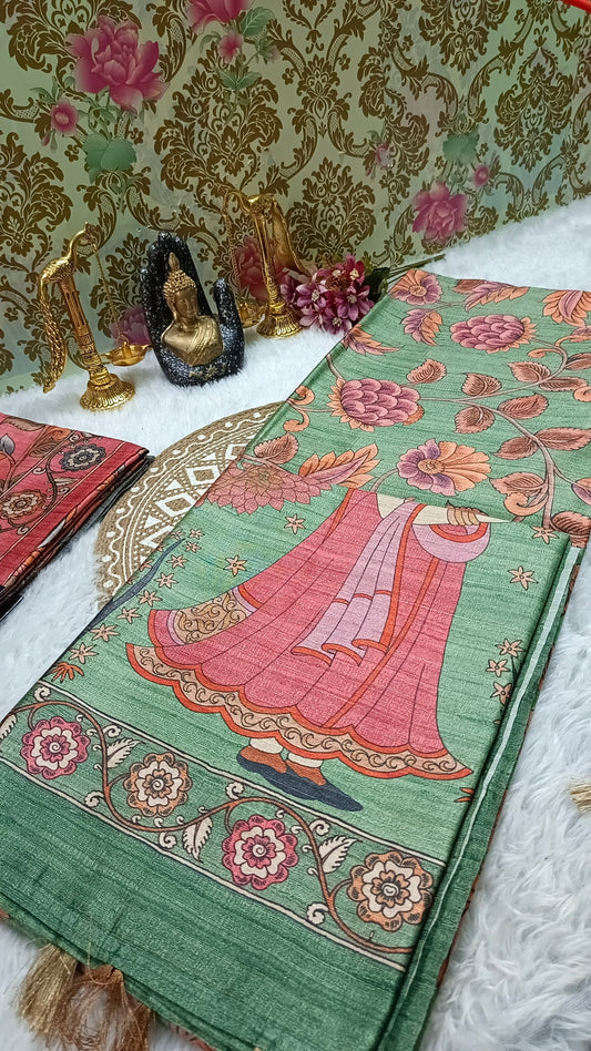 Green Ritika digital printed kalamkari vegan tussar saree SA25699