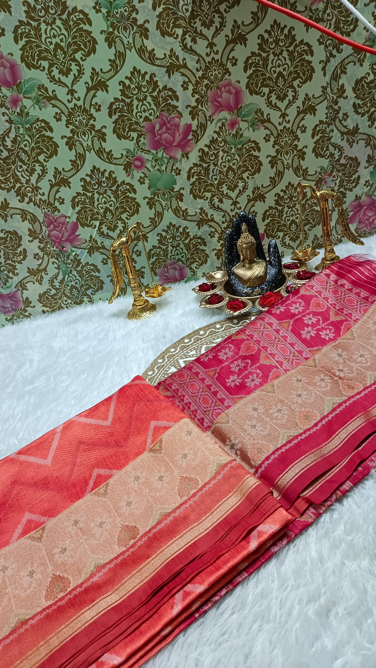 Peach with Pink Zigzag Handweave Ikkat Vegan silk cotton saree HA25431