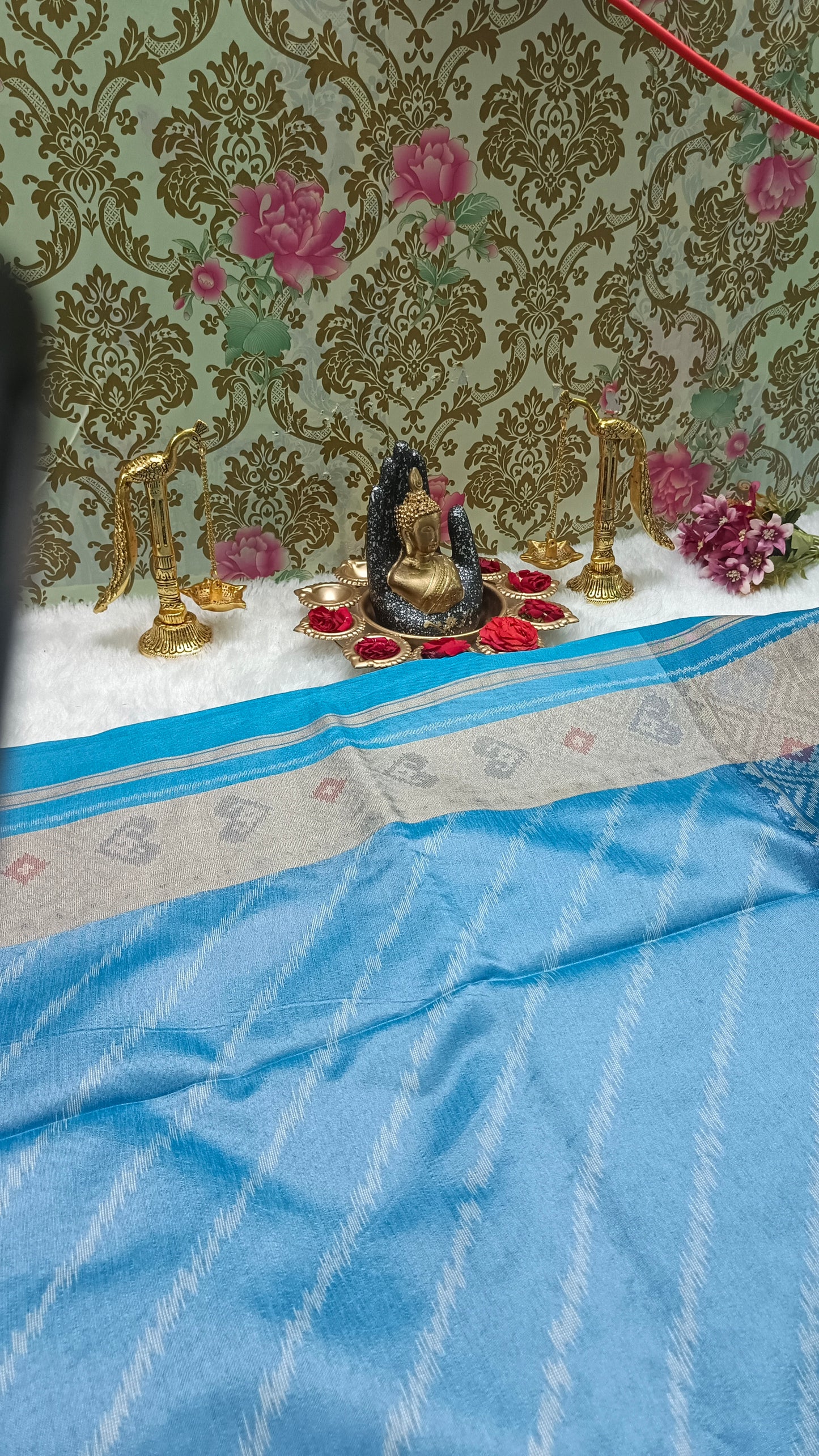 Blue Leheriya Handweave Ikkat Vegan silk Cotton Saree HA25435