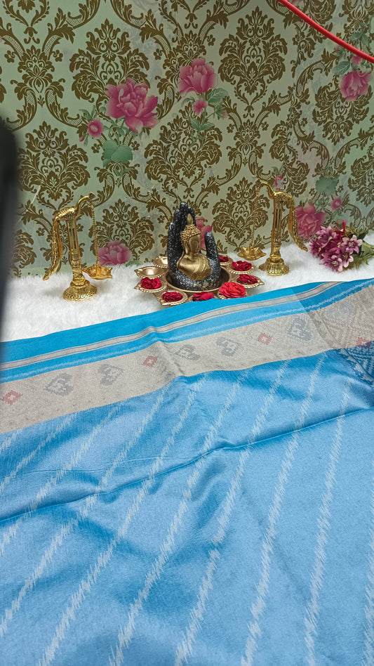 Blue Leheriya Handweave Ikkat Vegan silk Cotton Saree HA25435