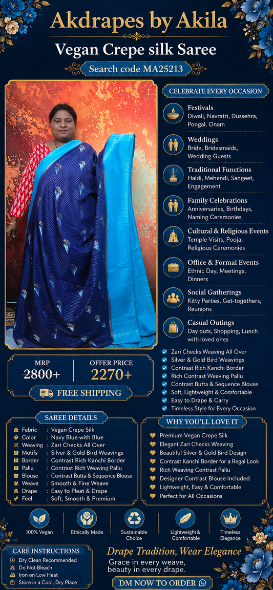 Navy blue Blue  Midhuna Pakshi Premium Vegan Crepe silk Saree MA25213