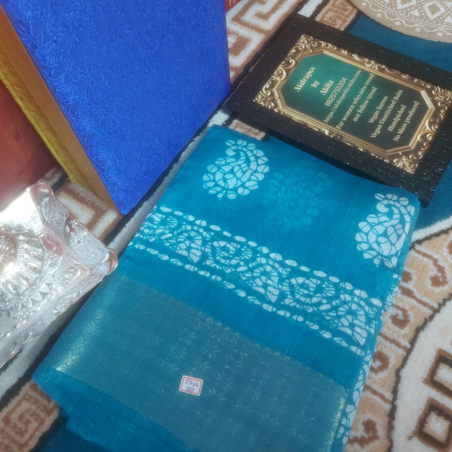 Blue Vegan lenin Mango batik weaving border saree JA26050