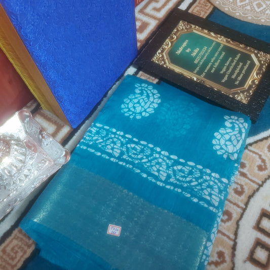 Blue Vegan lenin Mango batik weaving border saree JA26050