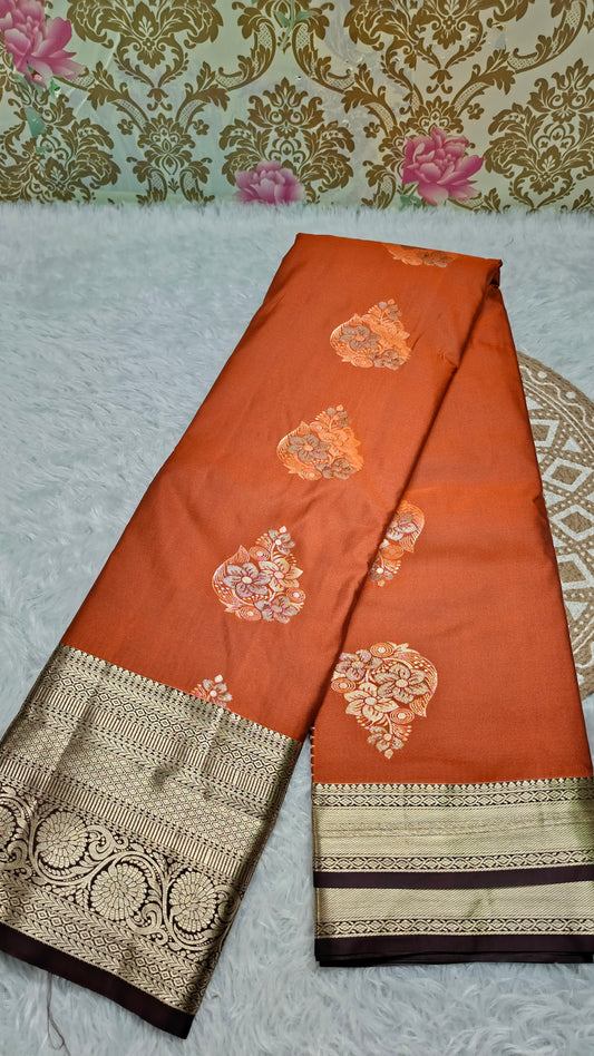 Rust Orange with coffee brown Varnajalam vegan premium kanchi silk saree LA25910