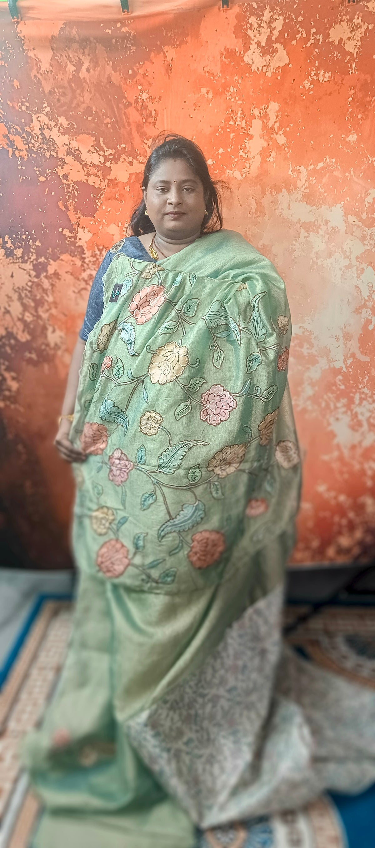 Green Floral symphony applique vegan tissue saree SA25714