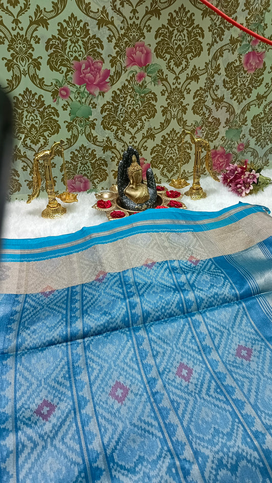 Blue Leheriya Handweave Ikkat Vegan silk Cotton Saree HA25435