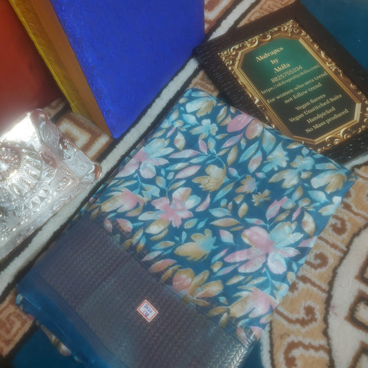 Blue Vegan dola floral Weaving border saree JA26122