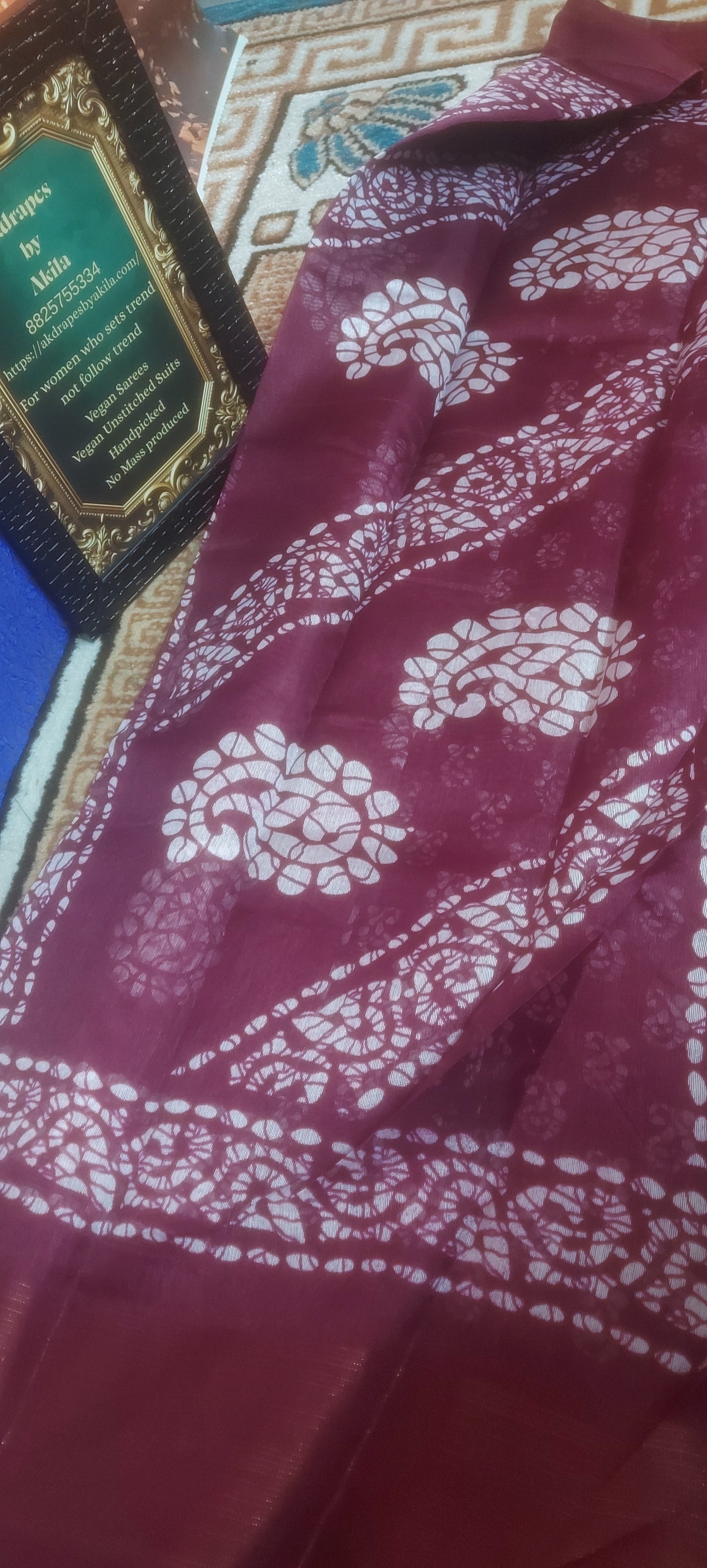 Wine Mango Batik linen zari border saree JA26027