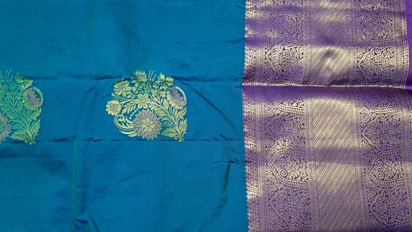 Peacock blue with violet Varnajalam vegan premium kanchi silk saree LA25919