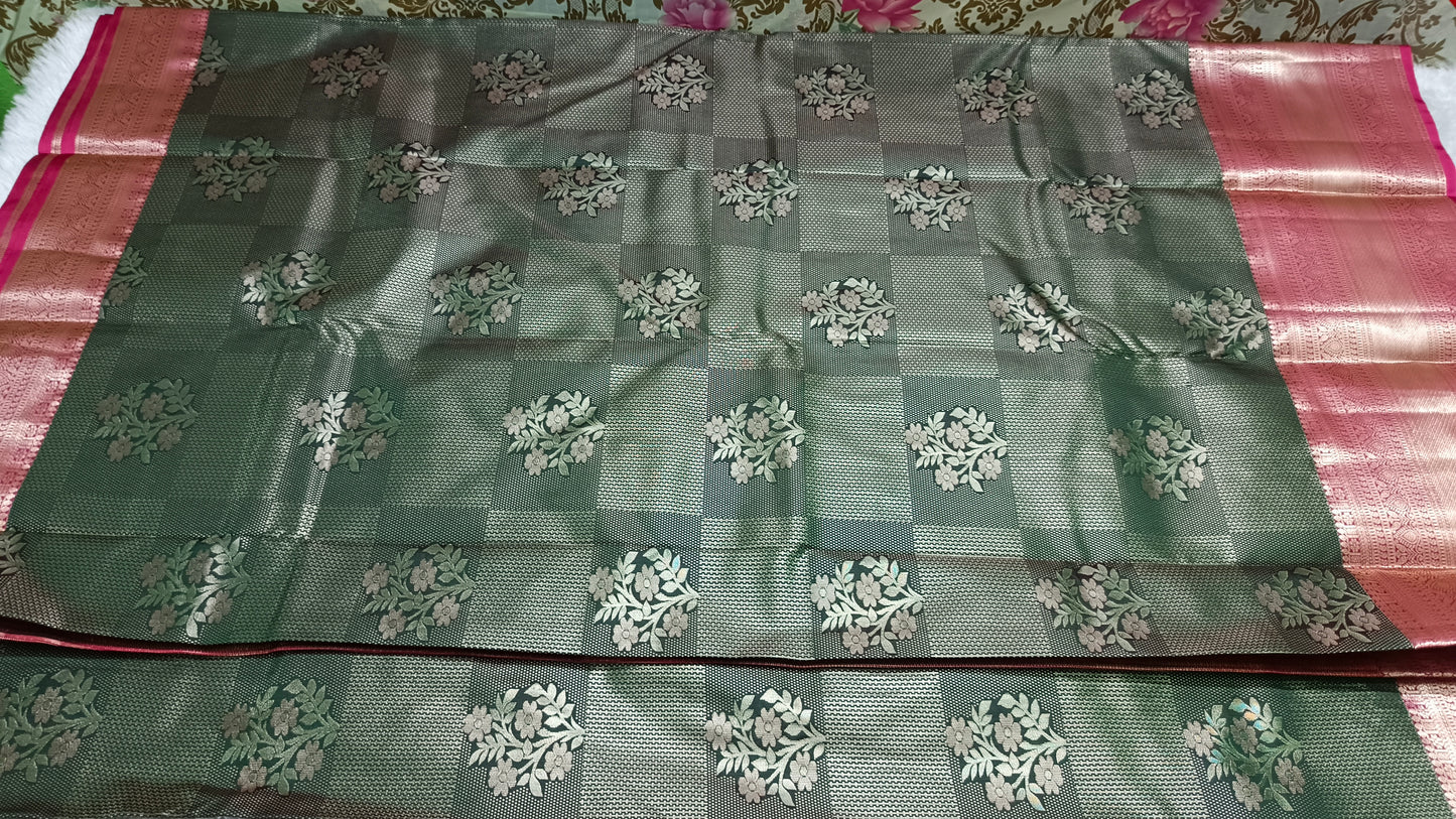 Green with maroon Parijatham Vegan premium kanchi brocade silk saree LA25927