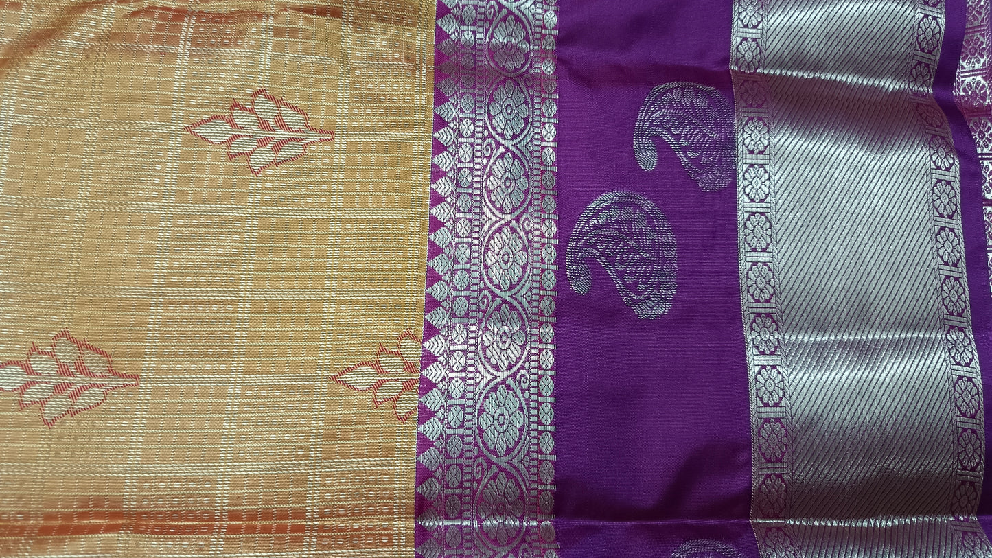 Yellow with majenta Parijatham Vegan premium kanchi brocade silk saree LA25932