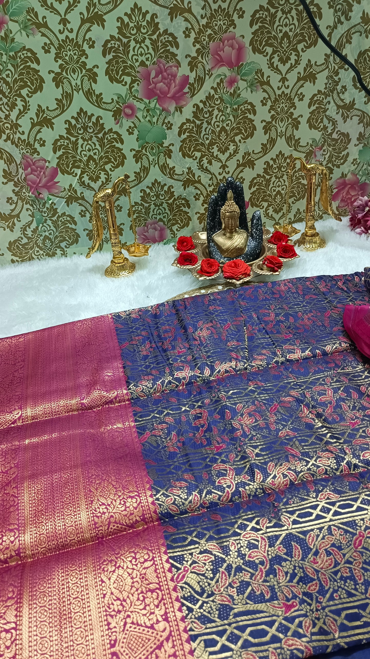 Navy blue with pink Raj Nandhini Vegan Kanchi Silk Saree JA25284