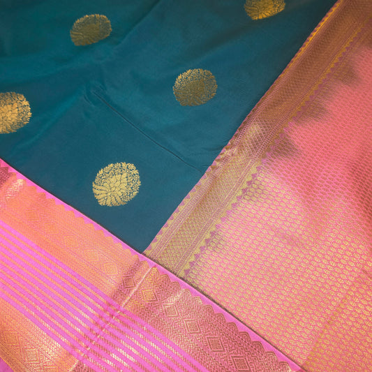 Peacock blue pastel pink Parampara vegan kanchi silk saree GA26139