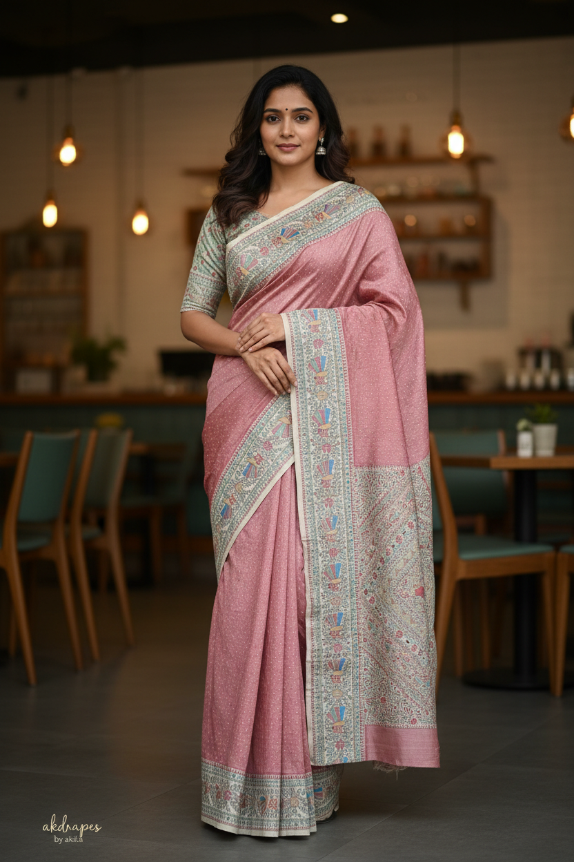 onion pink Fushion bandhini madhubani Malai cotton saree HA25526