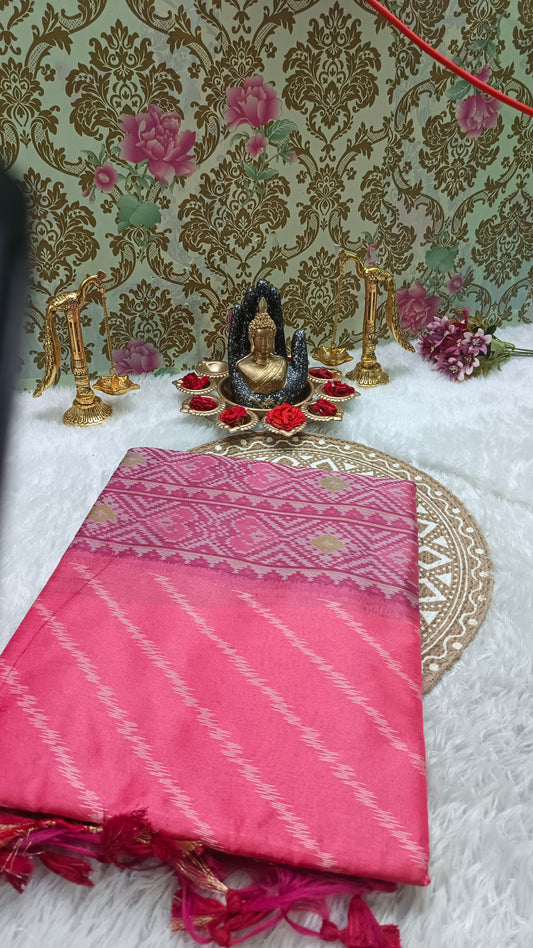 Pink with Majenta Leheriya Handweave Ikkat vegan silk cotton saree HA25433