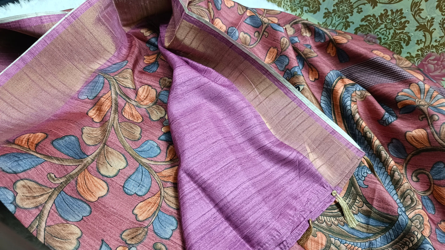 Pink with purple khushboo digital printed kalamkari vegan tussar saree SA25694