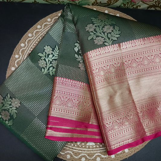 Green with maroon Parijatham Vegan premium kanchi brocade silk saree LA25927
