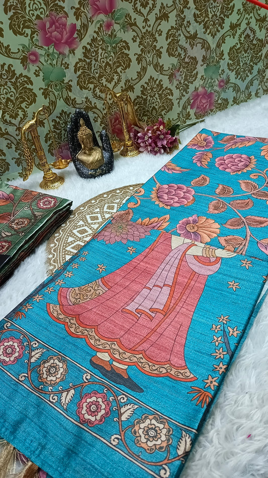 Blue Ritika digital printed kalamkari vegan tussar saree SA25700