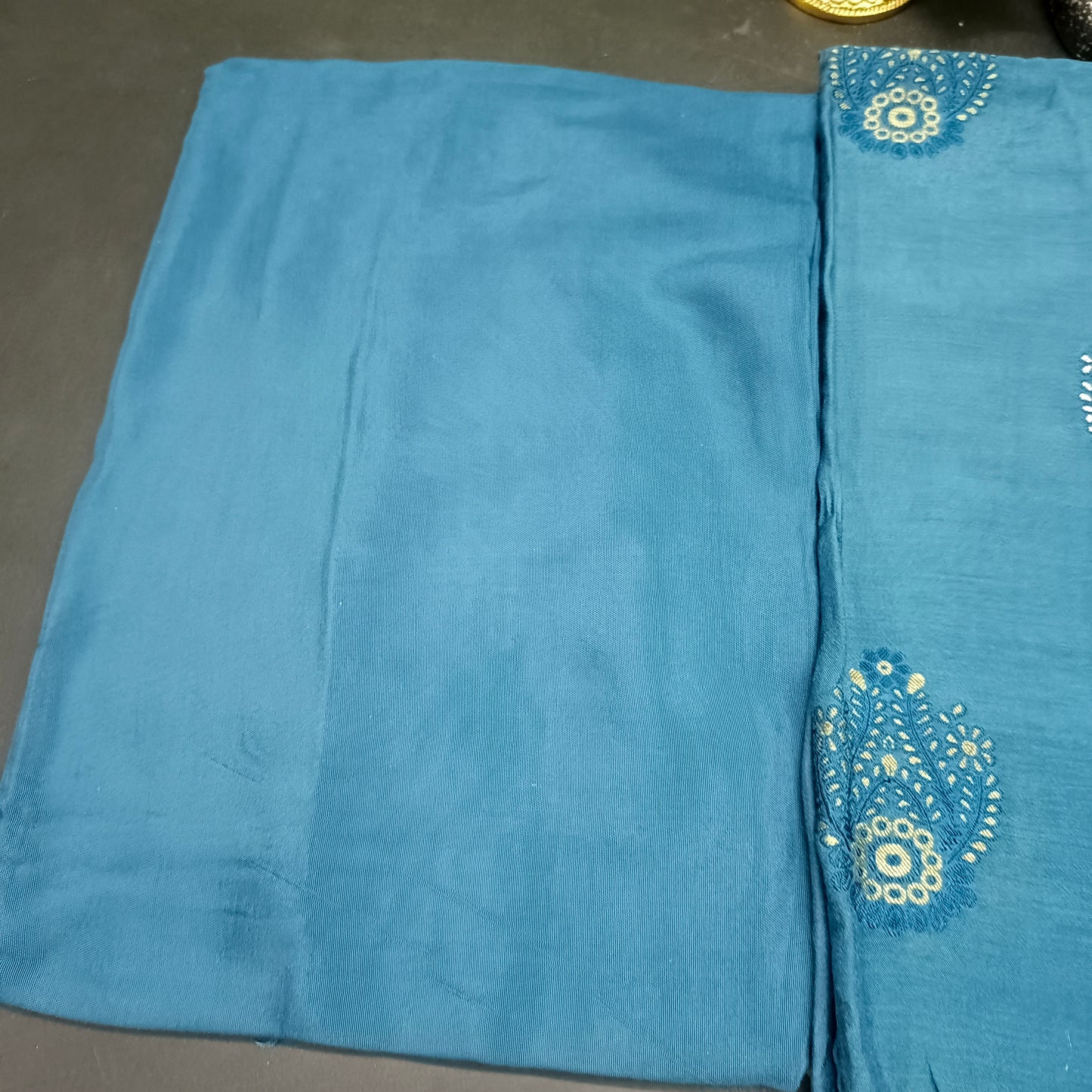 Peacock blue ted embroidery Vegan chinnon Unstitched suits HA25394