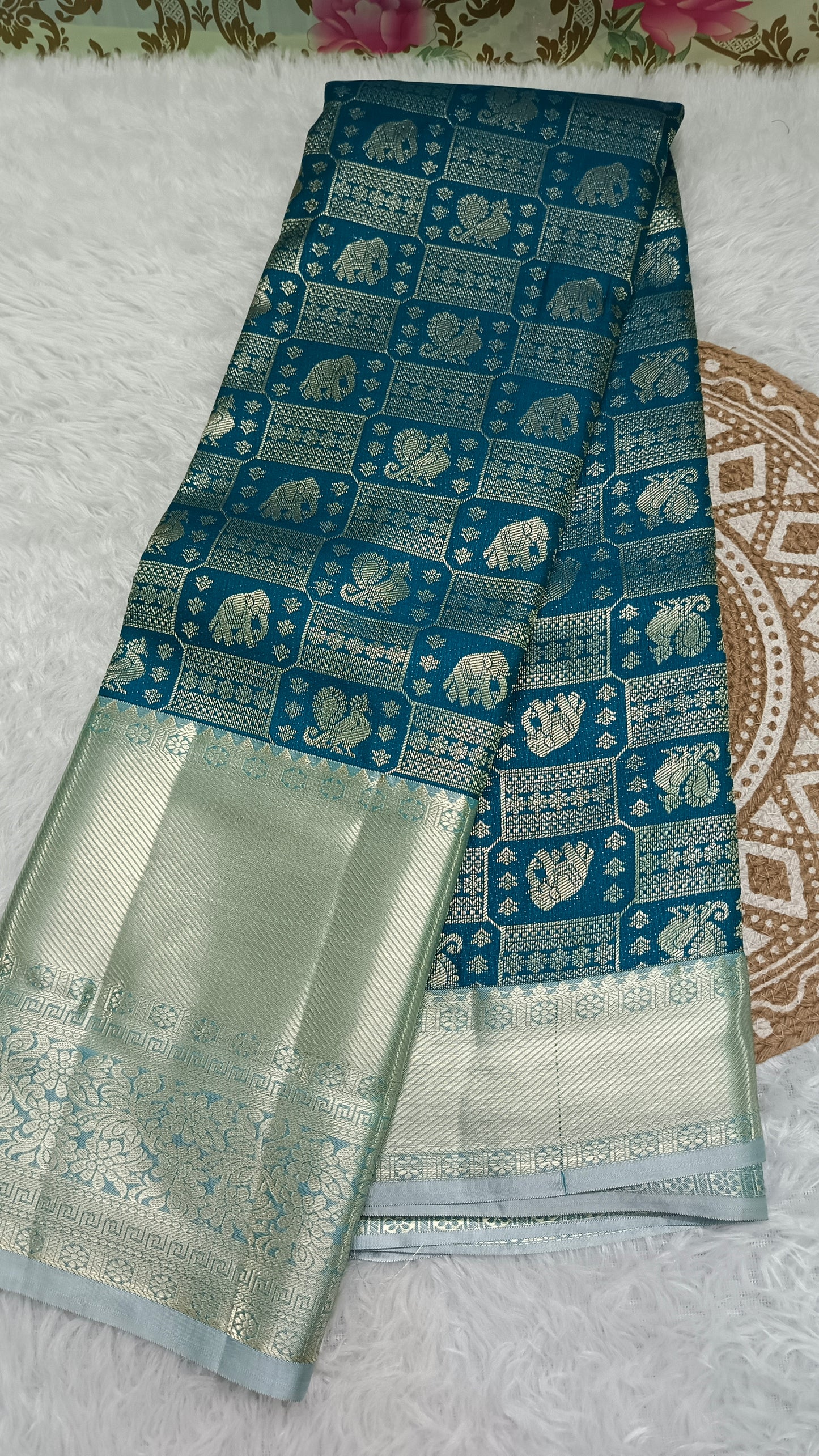 Peacock blue Parijatham Vegan premium kanchi brocade silk saree LA25920