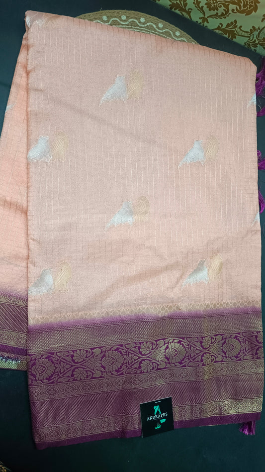 Pastel Peach purple  Midhuna Pakshi Premium Vegan Crepe silk Saree MA25214