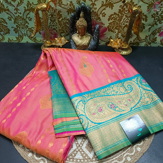 Onion Pink Seagreen Pavazha Pattu vegan Kanchi silk saree MA25137