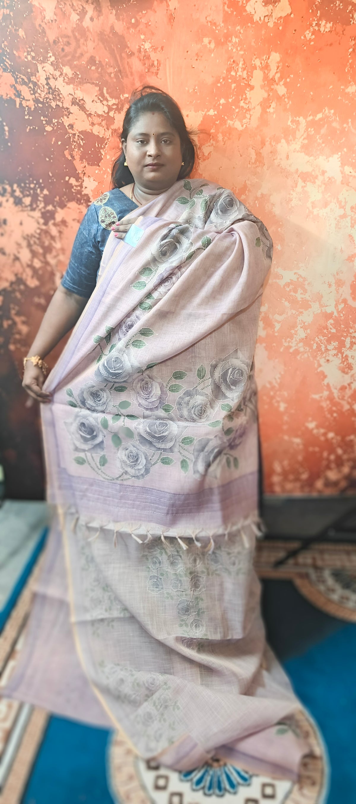 Purple Kantha blooms Vegan linen kantha work saree SA25710