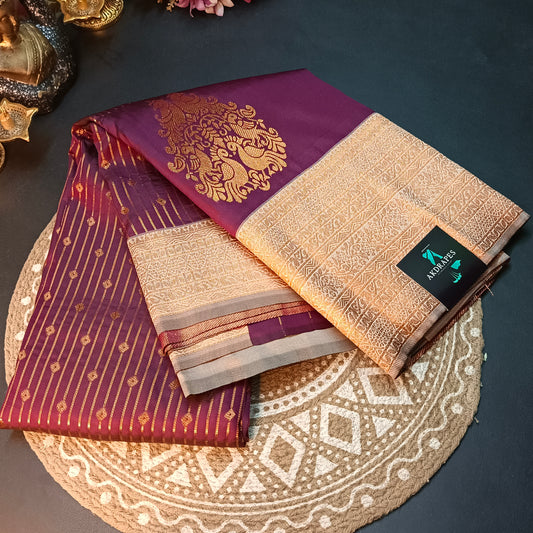 Dark purple beige Maragatha Muhurtham Vegan Kanchi Silk Saree MA25110