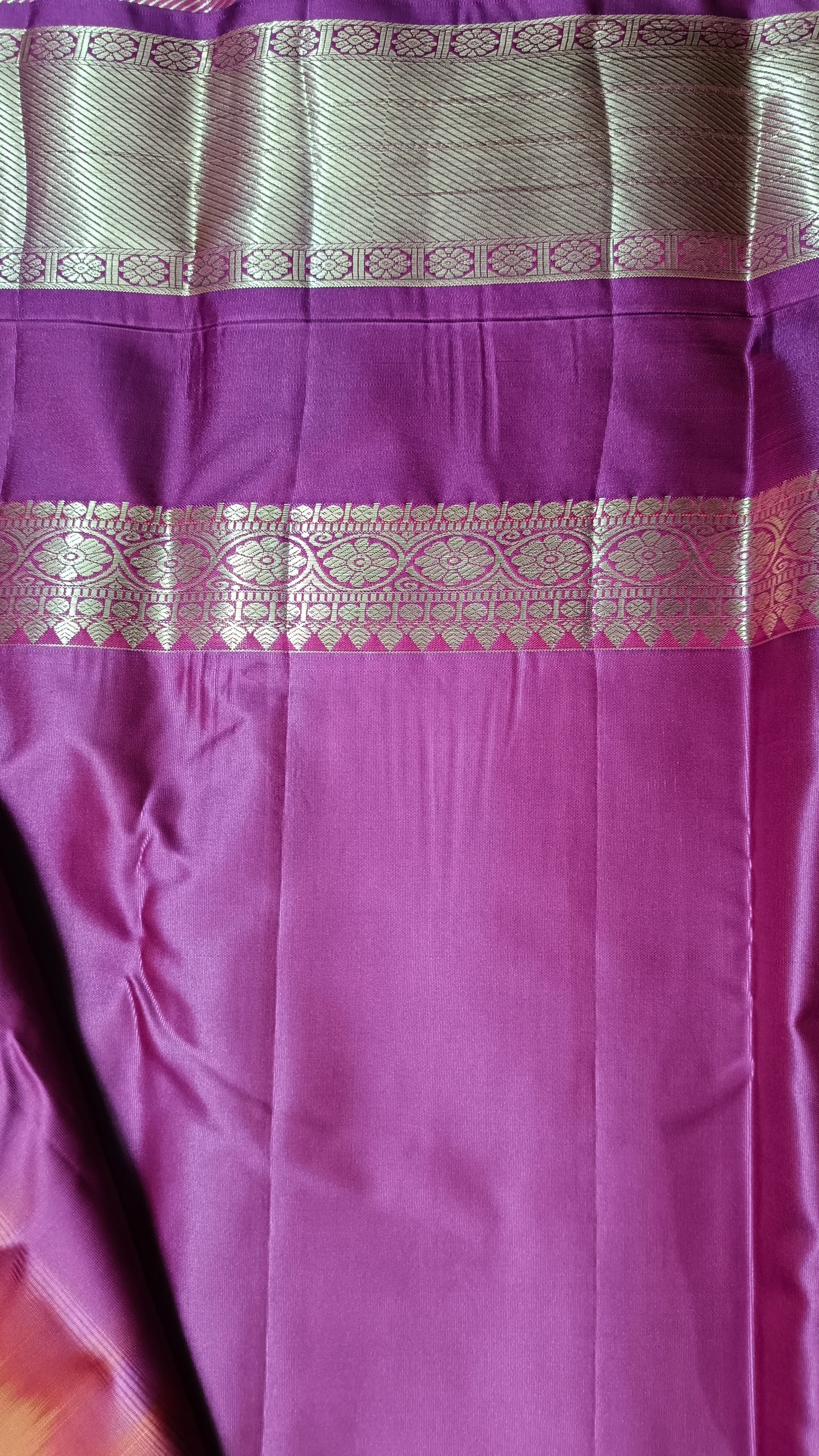 Yellow with majenta Parijatham Vegan premium kanchi brocade silk saree LA25932